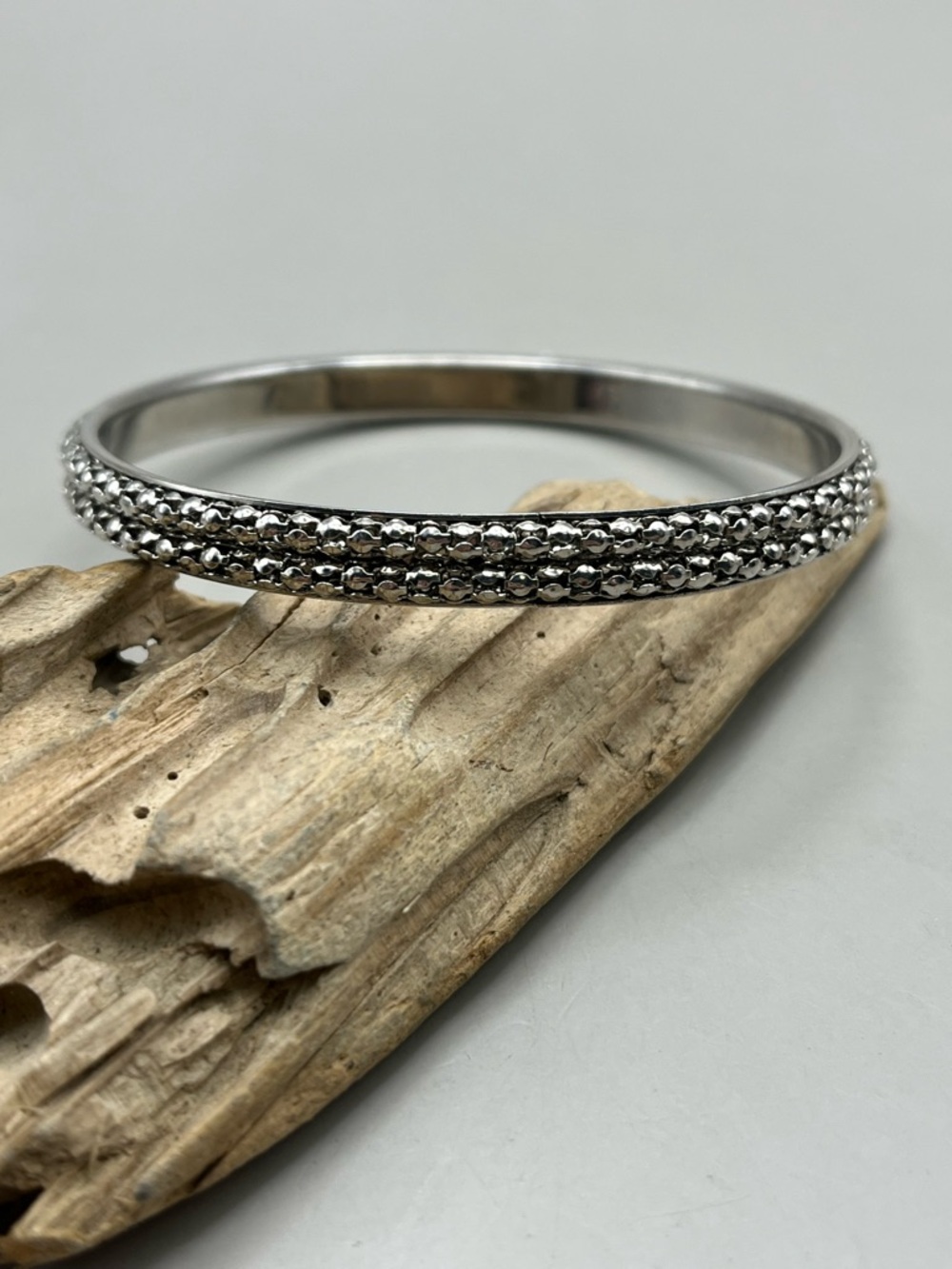 Silver Tone Beaded Textured Bangle Bracelet | Double Row Ball Chain Stackable